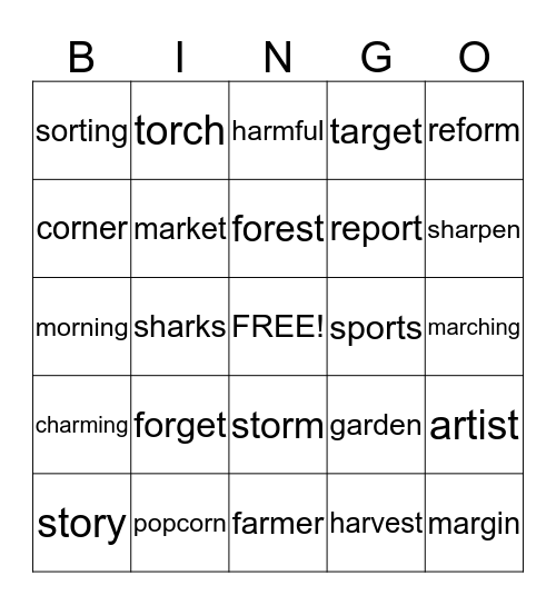 Or and Ar word Bingo Card