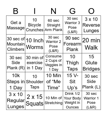 November Workout Bingo Game 1 Bingo Card