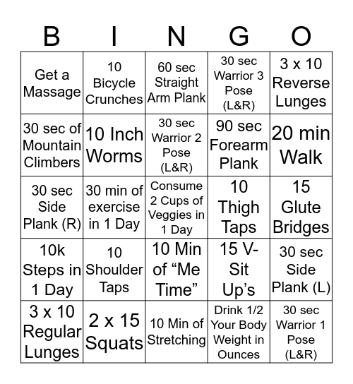 November Workout Bingo Game 1 Bingo Card
