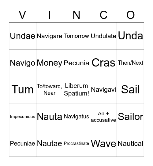 Lesson VI vocabulary p. 53 Bingo Card