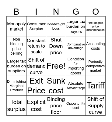 ECON 1001 Review Bingo Card