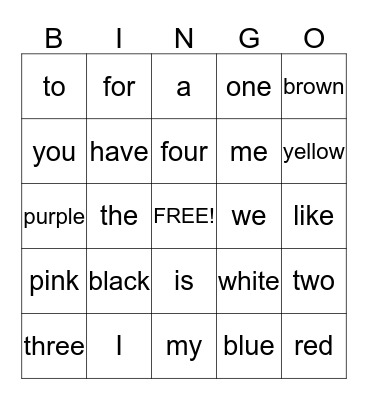 Kinderarten Sight Words Bingo Card