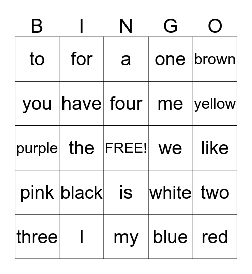 Kinderarten Sight Words Bingo Card