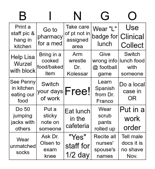 Periop Bingo Card