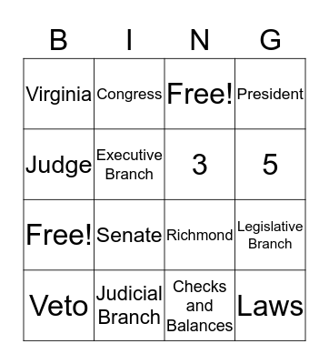 Branches of Government Bingo Card