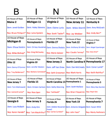 House of Reps ~ Eastern Time Zone Bingo Card