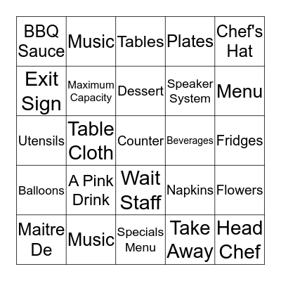 BINGO - Everything Restaurant Bingo Card
