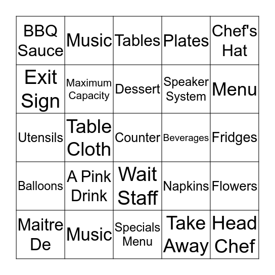 BINGO - Everything Restaurant Bingo Card