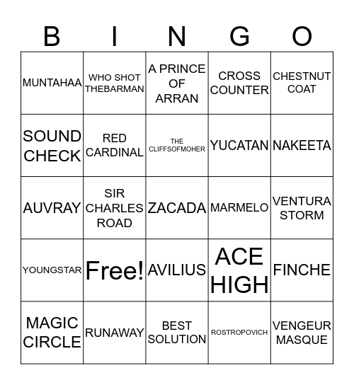 Melbourne Cup Bingo Card