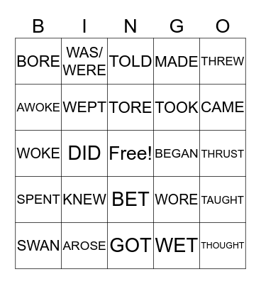 Irregular Verbs Bingo Card