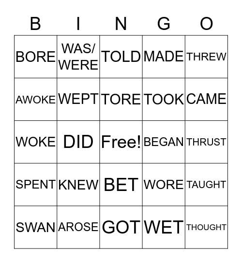 Irregular Verbs Bingo Card