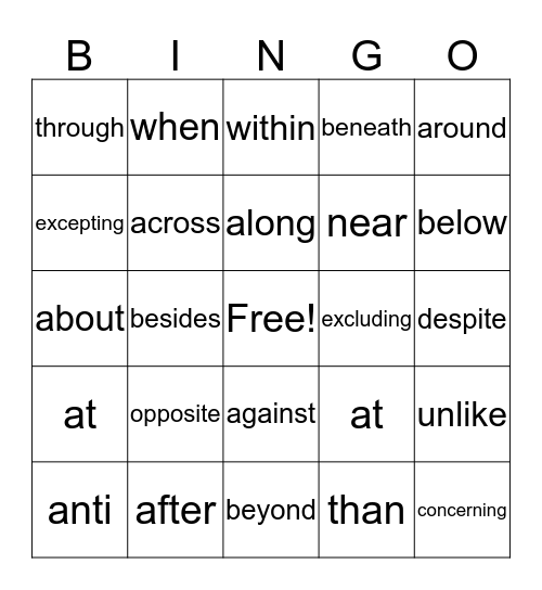prepositions sentence forming Bingo Card