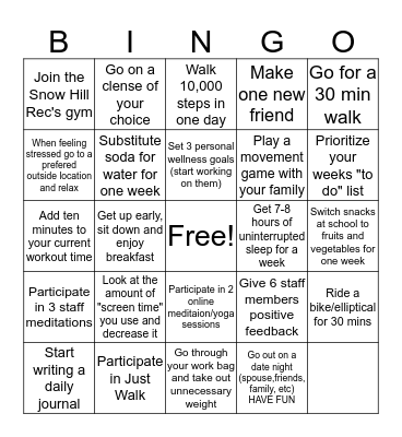 CCSS Staff Wellness BINGO Card