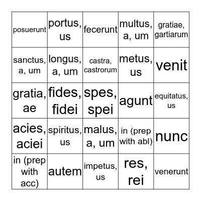 Latin Week 10 Bingo Card