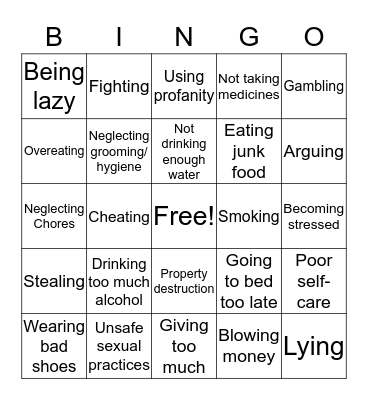 Unhealthy Behaviors Bingo Card