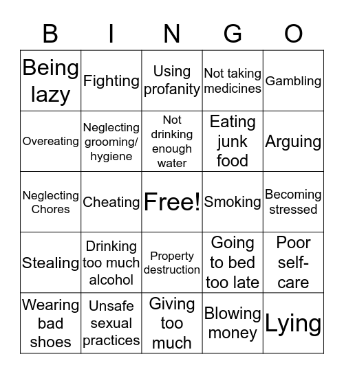 Unhealthy Behaviors Bingo Card