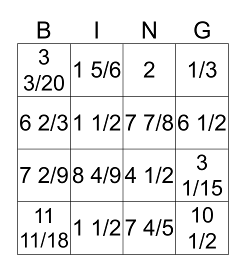 Multiplying Fractions & Mixed Numbers Bingo Card