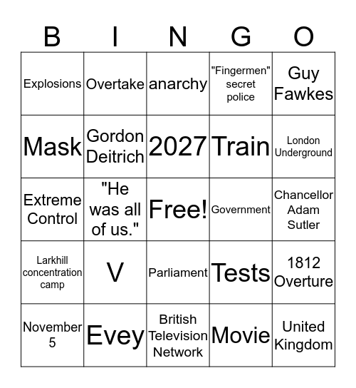 V for Vendetta Bingo Card