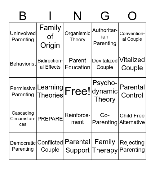 Marriage and Parenting Bingo Card