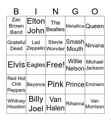 Musical Artist Bingo Card