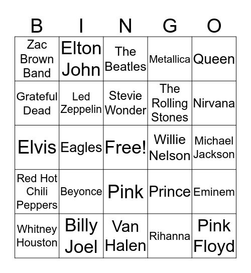 Musical Artist Bingo Card