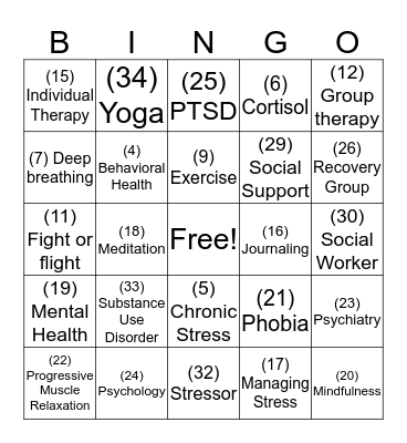 Stress Reduction and Behavioral Health Bingo Card