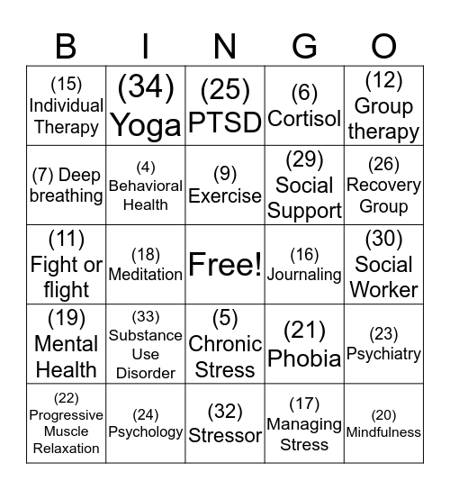 Stress Reduction and Behavioral Health Bingo Card