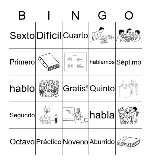 Spanish 1 capitulo 2A:  Tu día en la escuela Bingo Card