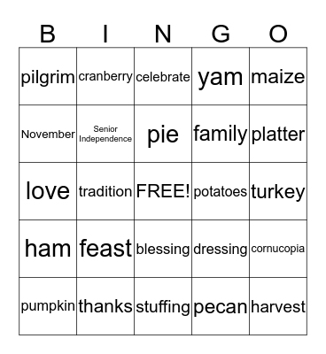 Thanksgiving Bingo with Senior Indpendence Bingo Card