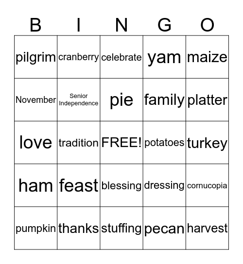 Thanksgiving Bingo with Senior Indpendence Bingo Card