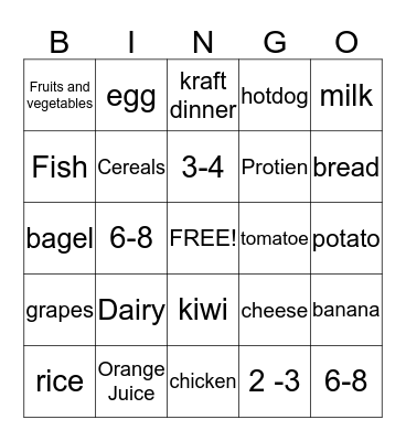 Nutrition Bingo Card