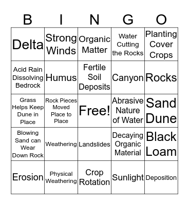 Weathering, Erosion, and Soil Review Bingo Card