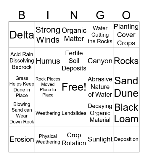 Weathering, Erosion, and Soil Review Bingo Card