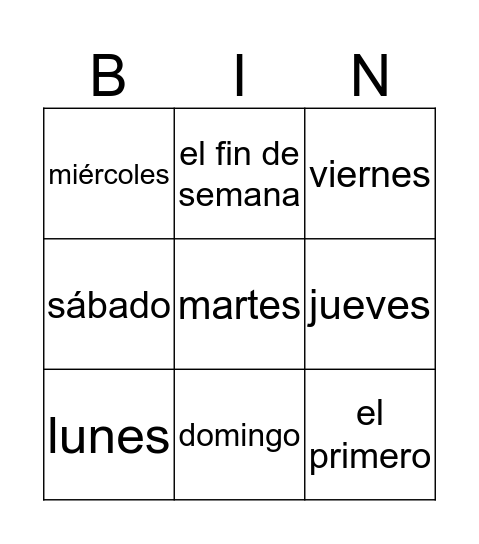 Los días de la semana Bingo Card