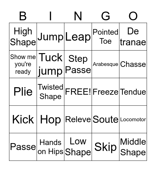 DANCE Bingo Card