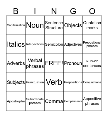 English 101 Bingo Card