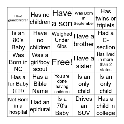 Baby Shower Bingo Card