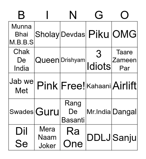 Bollywood Bingo Card