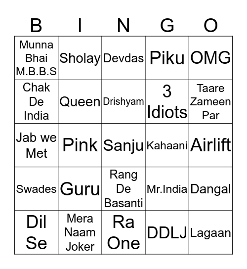 Bollywood Bingo Card