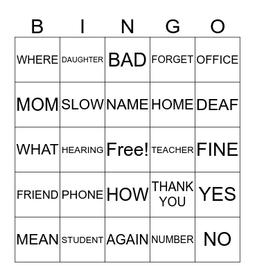 SIGN LANGUAGE Bingo Card