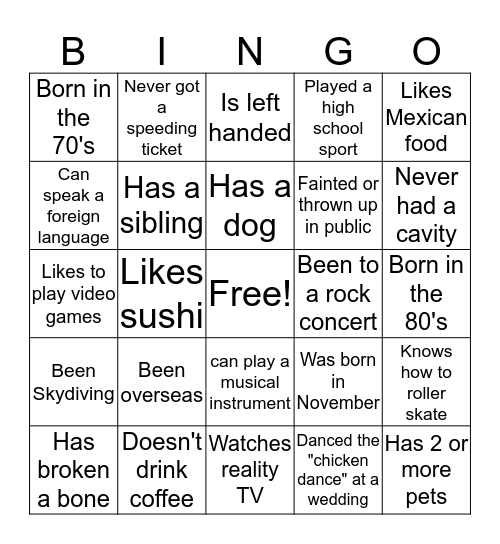 Concessionaire Bingo Card