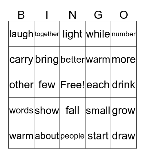 High Frequency Words  Bingo Card