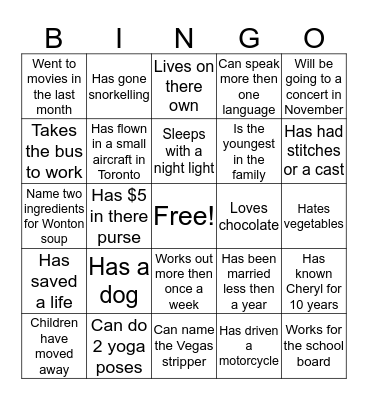 Find the Person Bingo  Bingo Card