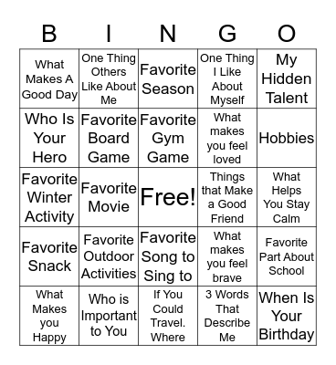 Girls Group Bingo Card