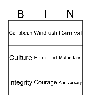 Windrush Day 2018 Bingo Card