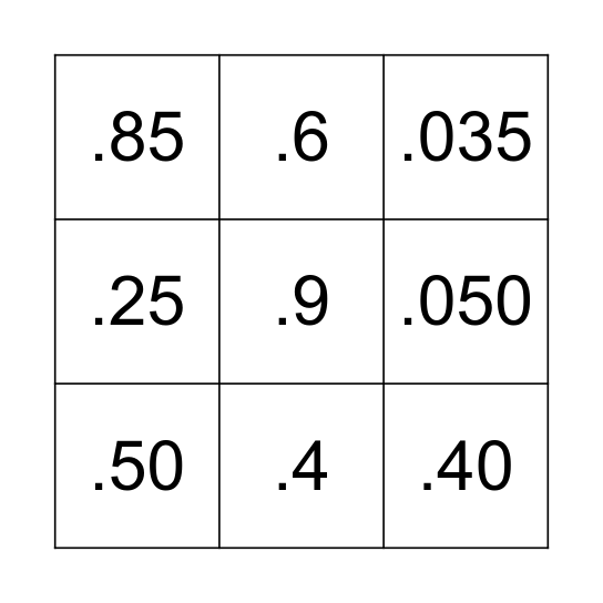 Decimal Squares Bingo Card