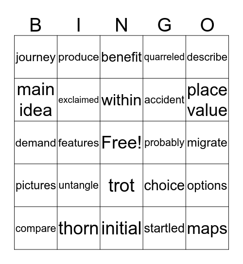 Vocabulary Bingo Card