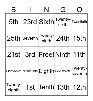 Ordinal Number BINGO Card