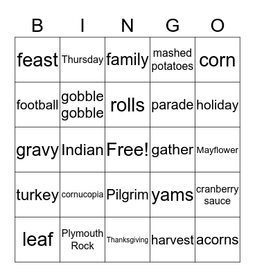 Creekside Thanksgiving Bingo Card