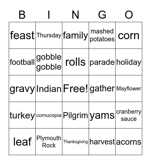 Creekside Thanksgiving Bingo Card